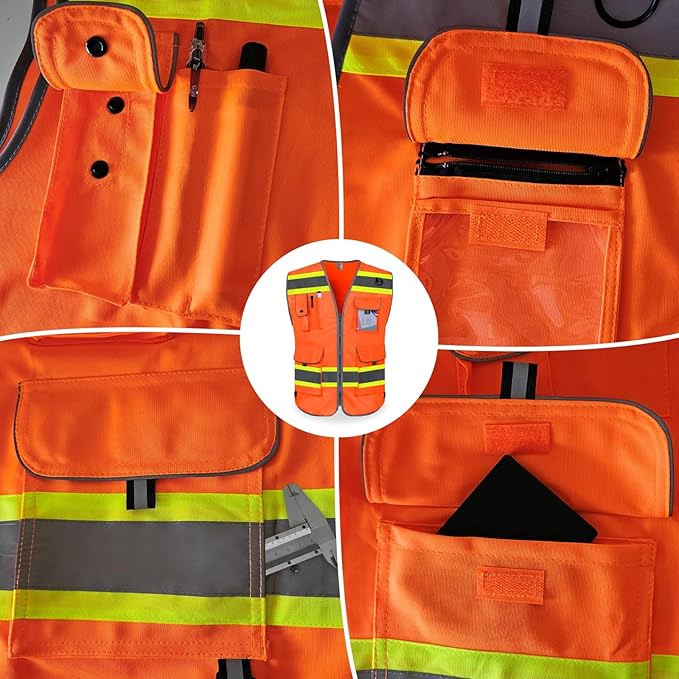 TCCFCCT High Visibility Vest 9 Pockets Hi Vis Reflective Safety Vest for Men Women, Surveyor Work Vest with Fluorescent Yellow Extend Edge, Durable, Breathable, Meets ANSI/ISEA, (DB-Orange, Small)