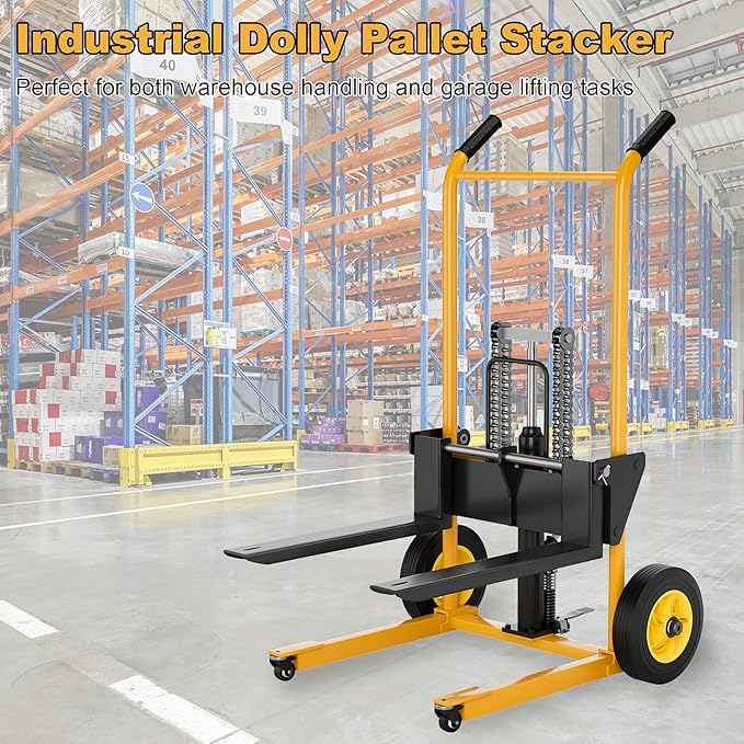 Foldable Hydraulic Lift Dolly, 450LBS 36" Pallet Stacker, 2-in-1 Hand Truck & Flatbed Cart, Adjustable Forks, 10" Rubber Wheels, Foot Pump, for Warehouse Garage Workshop
