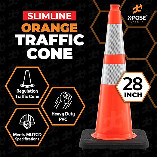 Xpose Safety 28 Inch Orange Slim Line Traffic Cones with 6" & 4" Collars, 6 Pack Multipurpose PVC Plastic Safety Cone for Parking, Soccer, Caution, Kids and Construction - DOT Approved