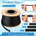 Pangda 300 Feet 1/4, 1/2, 3/8 Inches Wire Loom PET Expandable Braided Sleeving Braided Sleeve for TV, Computer, Home Theater(Black)