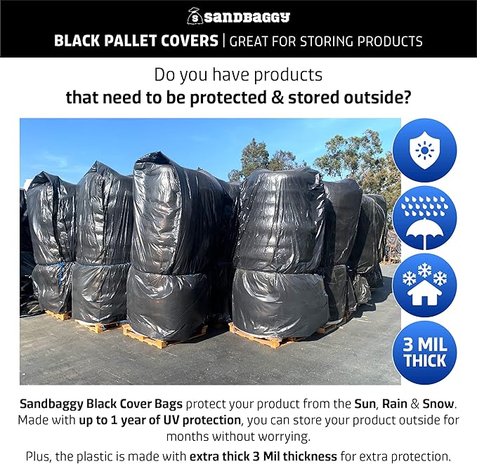 Sandbaggy Black Pallet Covers | Made in USA | Tarp Fits Large Pallets Up to 55" x 55" x 75" | Built w/ 1 Year UV Protection | Heavy Duty 3 Mil Thick Plastic (Pack of 10, 3 Mil Thick)