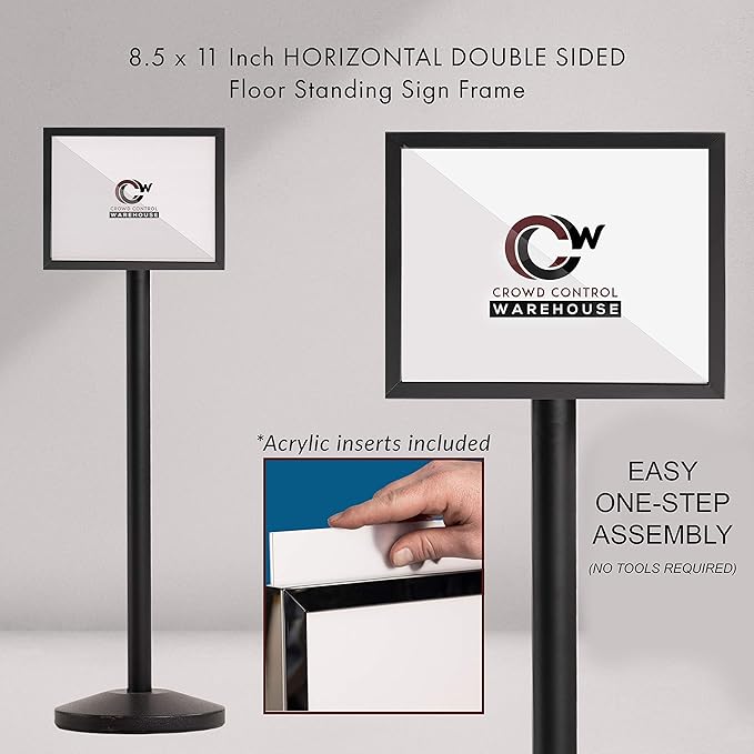 Crowd Control Warehouse Pedestal Standing Floor Sign Frame with Sloped Base, 8.5x11 Inch Horizontal, Satin Brass