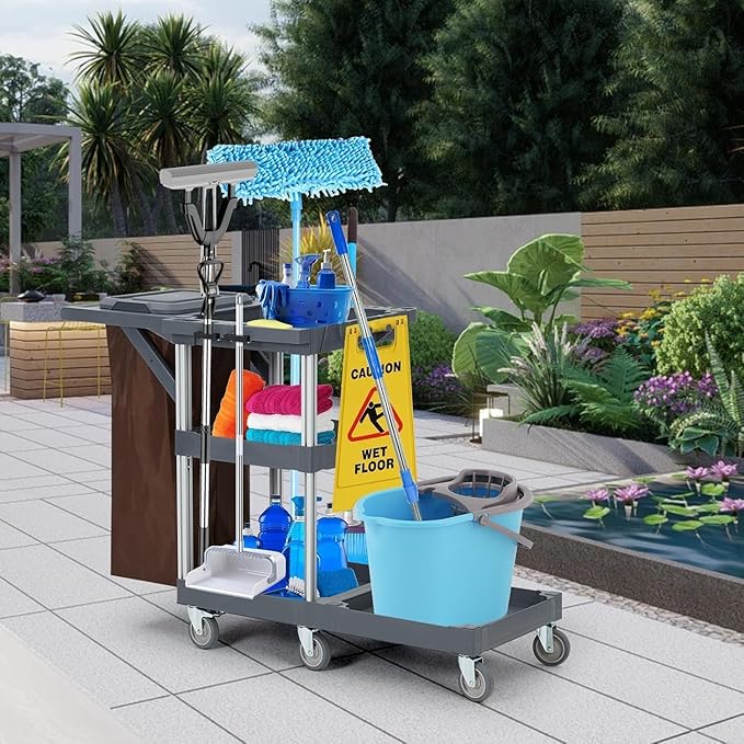 Commercial Cleaning Cart with Wheels, 3-Tier Janitorial Cart with Trash Bag and Cover, 300 lbs Capacity Heavy-Duty Rolling Caddy for Hotel Housekeeping, Hospital, School