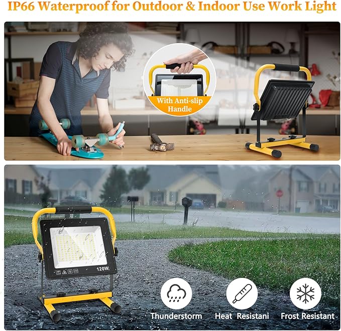 120W Led Work Light, 12000LM Portable Work Light with 16.4FT Cord, 6500K IP66 Waterproof Flood Lights for Outdoor Indoor Job Site Workshop Flood Lights, Gifts for Him