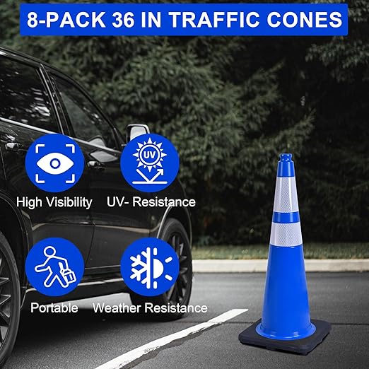 OrangeStar 36" Traffic Cones 8-Pack Blue Safety Cones with Reflective Collars, Heavy Duty Base for Construction, Parking Lot, Road Work, Flexible PVC, Indoor & Outdoor Use