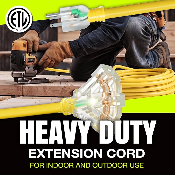 75ft Outdoor/Indoor Extension Cord 3-Outlet 12/3 Gauge Extra Heavy Duty ETL Listed, 3 Prong SJTW, Waterproof, Flexible Cold-Resistant Long Power Cord,15A 125V 1875W, Yellow by LifeSupplyUSA