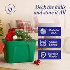 HOMZ 4-Pack Molded Bin, Holiday Storage Containers w/ Lids, 18 Gal, Green/Red Stackable Plastic Totes for Christmas Decorations, Gift Wraps, Crafts