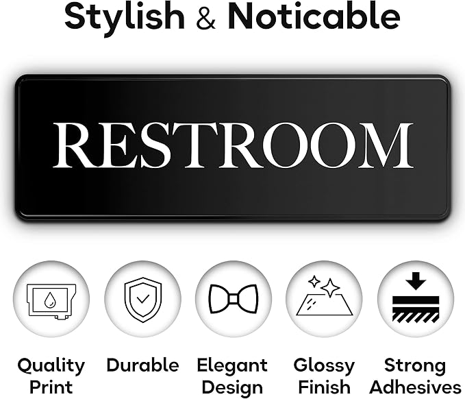 Restroom Sign - Ideal Bathroom Signs for the Office, Business or Home - 1 Pack - 9" by 3" - Apply to Door or Wall - Nice Bathroom Decor - Strong Double-Sided Adhesives