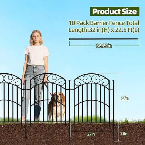 10 Panels 32in(H) Decorative Garden Fence, Total 22.5ft L Heavy Duty Iron Metal No Dig Animal Barrier Fence, Garden Border Fencing, Temporary Dog Fencing Outdoor for Yard