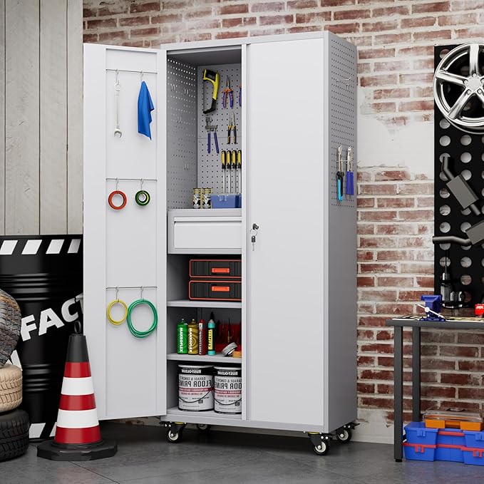 71" H Metal Garage Storage Cabinet with Wheels and Doors,Rolling Tool Cabinet with Pegboard,Rod and Drawer for Garage Warehouse Home,Required Assembly,Grey and White