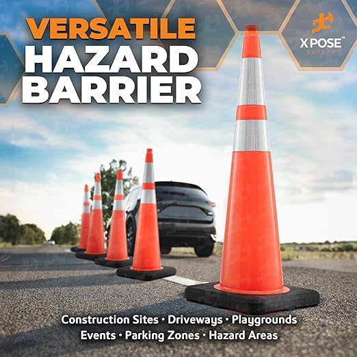Xpose Safety 36 Inch Orange Slim Line Traffic Cones with 6" & 4" Collars, 1 Pack Multipurpose PVC Plastic Safety Cone for Parking, Soccer, Caution, Kids & Construction - DOT Approved