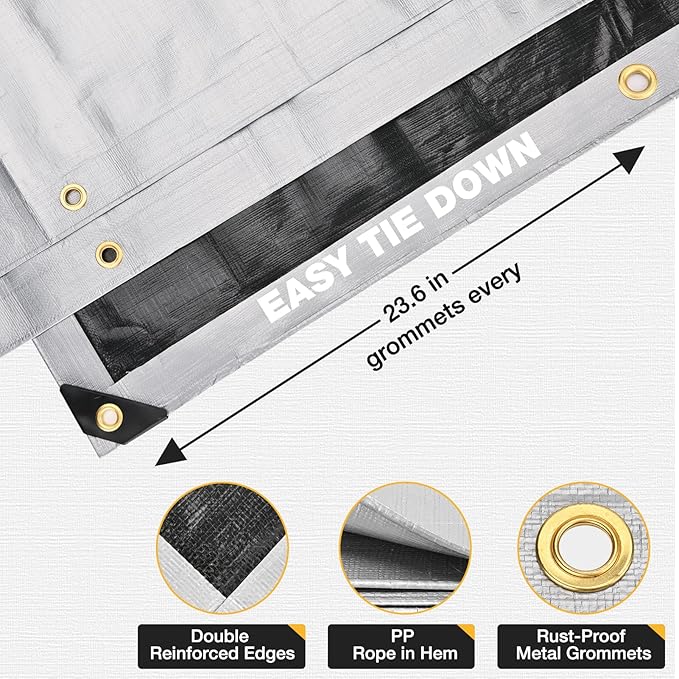 Tarp 10x12 Feet 14 Mil Heavy Duty Waterproof Tarp, Large Multipurpose Cover with Brass Grommets and Reinforced Edges, UV Resistant Thick Poly Tarps for Outdoor Camping Tent Pool Car