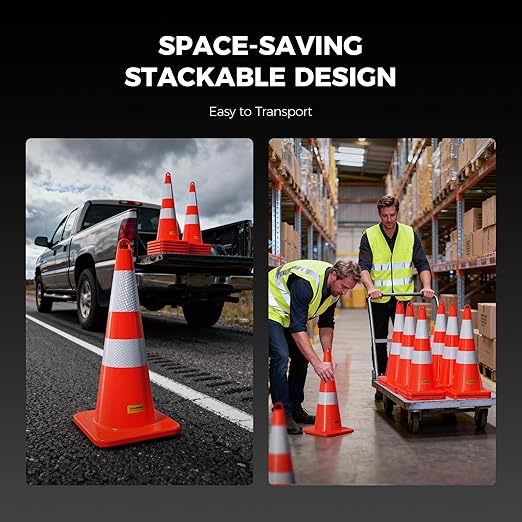 6 Pack 28 Inch Traffic Cones, from -22℉ to 131℉, MUTCD-Compliant Orange Safety Cone with Reflective Collar ＆ Extra Caution Tape for Parking Lot, Construction Work, Road Safety
