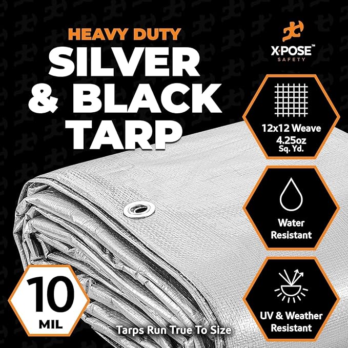 Heavy Duty Poly Tarp 40' x 40' - Bulk Half Pallet (15 Pack) Thick Waterproof, UV Blocking Protective Cover - Reversible Silver & Black - 10 Mil Thick Polyethylene - by Xpose Safety