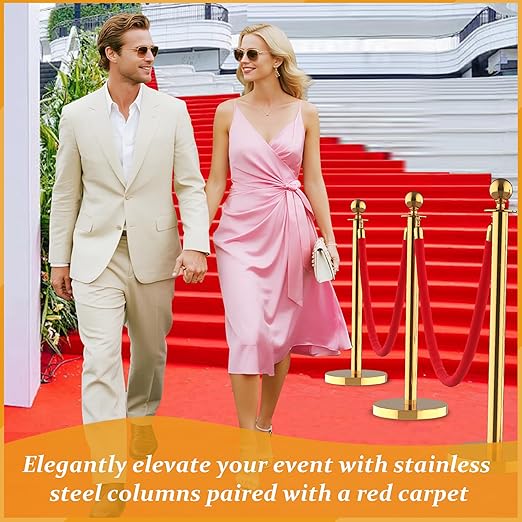 8Pcs Stainless Steel Stanchion Posts with 5ft Red Velvet Ropes - Crowd Control Barriers & Queue Line Kit with 26ft Red Carpet for Wedding, Party, Theater Supplies