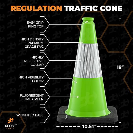 Xpose Safety 18" Lime Traffic Cones 6" Reflective Collar - Bulk Half Pallet 450 Pack - Premium PVC Safety Cone for Parking, Caution, Construction, Road Crews, Emergency Vehicle - DOT Approved