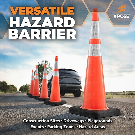 Xpose Safety 36 Inch Orange Slim Line Traffic Cones Heavy Duty 12lb with 6" & 4" Collars, 1 Pack Multipurpose PVC Plastic Safety Cone for Parking, Soccer, Caution, Kids & Construction - DOT Approved