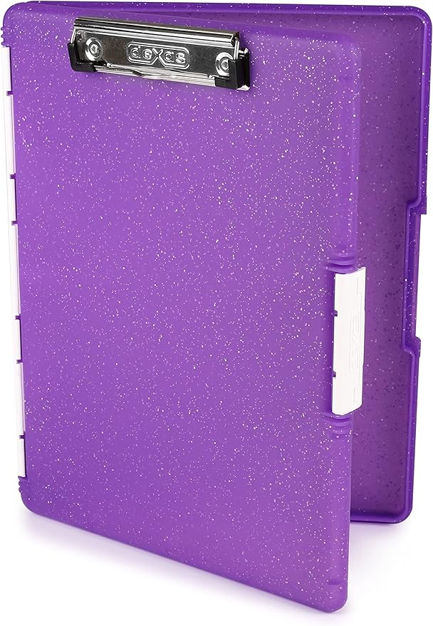 Dexas Slimcase 2 Plastic Clipboard with Storage and Side Opening, Purple Glitter, Office Supplies Clipboards to Organize, Carry and Store, A4 Holder, Style and Functionality Nursing Clipboard