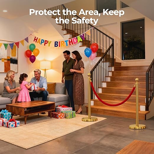 6pcs Sturdy Gold Stanchion Posts and 6pcs High Quality Red Carpet Velvet Ropes, Water/Sand/Concrete Fillable Leakproof Base, Crowd Control Barriers for Birthday, Prom, Business, Wedding