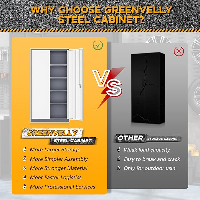 Greenvelly Metal Garage Storage Cabinet with 2 Doors and 4 Adjustable Shelves, 72”H Steel Lockable Storage Cabinet,Tall Metal Cabinet Locking File Cabinet for Office,Home, Garage, Gym, School