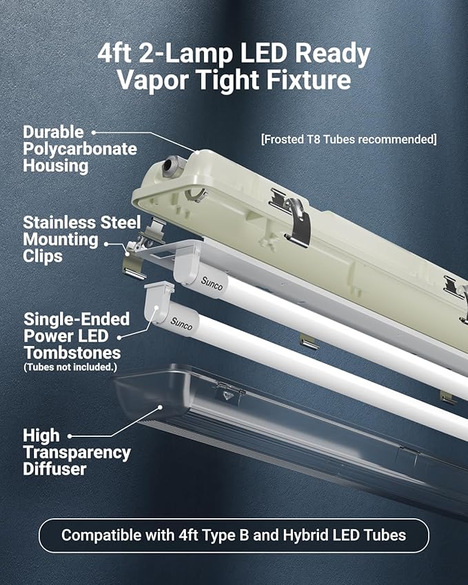 Sunco LED Ready Fixture for Garage Ceiling, 4ft Shop Lights Holds 2 LED Tube Lights, Non-Dimmable, Surface Mount, Works with Type B and Hybrid Tubes, 120-277V, Wet Rated ETL 2 Pack