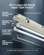 Sunco LED Ready Fixture for Garage Ceiling, 4ft Shop Lights Holds 2 LED Tube Lights, Non-Dimmable, Surface Mount, Works with Type B and Hybrid Tubes, 120-277V, Wet Rated ETL 24 Pack
