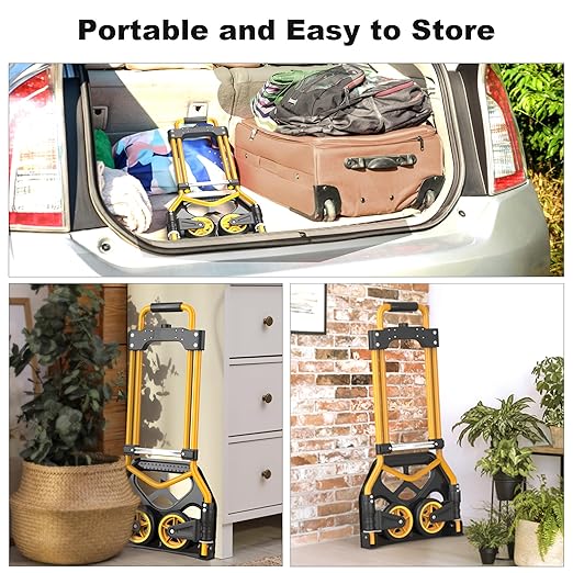 Folding Hand Truck Dolly Cart, 180LBS Portable Aluminum Hand Truck Foldable with Telescoping Handle and Elastic Cord for Luggage, Boxes, Functionality Foldable Dolly for Home, Moving, Black Yellow