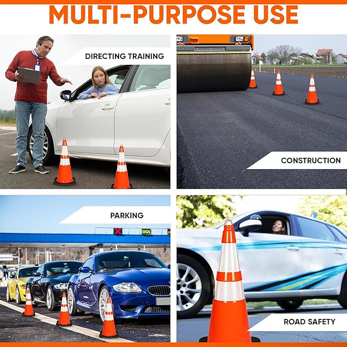 Pyle 28-Inch Safety Traffic Cones, 6-Pack Orange Parking Cones with Reflective Collars, Stackable PVC Construction for Roadwork, Sports Training & Events, Solid High-Density Base for Stability