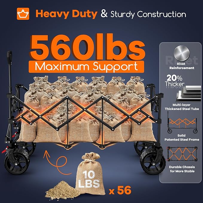 48" L Collapsible Wagon Cart Foldable, 560lbs Weight Capacity 300L Heavy Duty Folding Beach Wagons with Big All-Terrain Wheels, Utility Carts for Groceries, Shopping, Camping, Sports - Grey