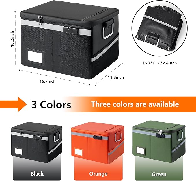 2000°F Fireproof & Waterproof Document Box with Lock, Collapsible Portable Organizer for Office Files, Safe Storage for Hanging Letter/Legal Folders (Black, 14.2x10.6x4.1in)