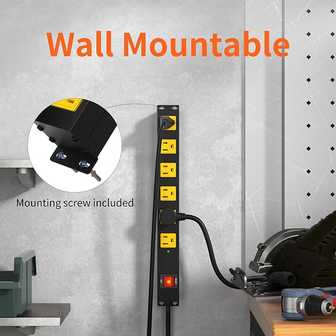 Heavy Duty 6 Outlet Metal Long Power Strip, 2700J Surge Protector with 15A Circuit Breaker, 15FT Extension Cord, Wall Mount for Garage, Workshop & Industrial Use, Wide Spaced (15ft)