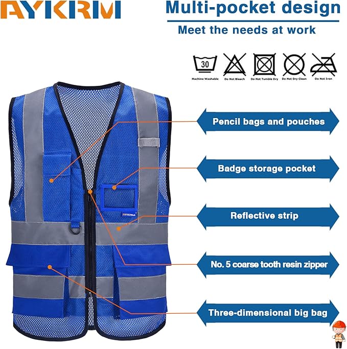A-SAFETY High Visibility Mesh Safety Reflective Vest with Pockets and Zipper,Hi Viz Work Vest for Men Women (Blue Mesh XL)