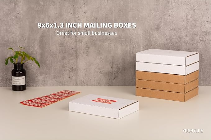 50 Pack 9x6x1.3 inch Small Shipping Boxes, Multi-Depth Flat Cardboard Boxes with Fragile Stickers for DVD Shipping, Packing, Moving, Storage, White
