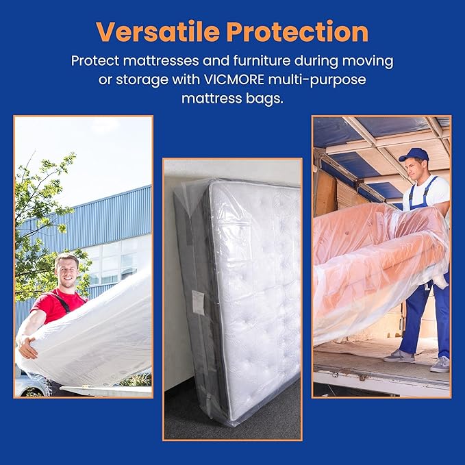 VICMORE 2 Pack Full Mattress Bags for Moving, Storage & Disposal – Clear Heavy-Duty Plastic Covers, Tear-Resistant & Dustproof, Recyclable (Fits Full/Double Beds)