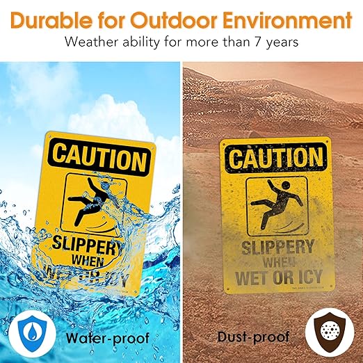 Slippery When Wet Or ICY Sign, Caution Sign, 4 Pack, 10" x 7" Rust Free .040 Aluminum, UV Protected, Waterproof, Weatherproof and Fade Resistant, 4 Pre-drilled Holes