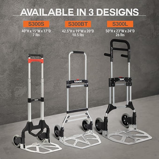 Vergo 275 Ibs Capacity Folding Hand Truck Dolly – Lightweight Aluminum Frame Dolly Cart with 42" Telescoping Handle, Compact Hand Cart with 7” Rubber Wheels - Ideal for Multi-Purpose Use (S300BT)