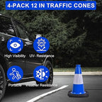 OrangeStar 12" Traffic Cones 4-Pack Blue Safety Cones with Reflective Collars, Heavy Duty Base for Driving Practice, Parking Lots, Construction, Flexible PVC, Indoor & Outdoor Use