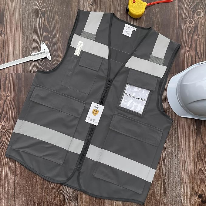 TCCFCCT Hi Vis Vest 5 Pockets High Visibility Reflective Safety Vest for Men Women, Neon Construction Vest with Horizontal Strip for Walkie-talkie and ID Card, Meets ANSI/ISEA Standards, Grey, 3XL