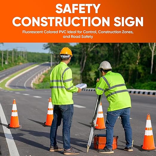 Pyle 28-Inch High-Visibility PVC Safety Cones, Set of 6, Durable & Stackable, Fluorescent Orange, Heavy Base for Traffic Control, Parking Lots, Construction, Roadwork