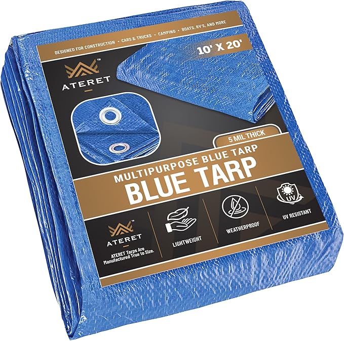ATERET Multi-Purpose Blue Tarp Cover I Waterproof, 5-Mil Thick Plastic Poly with Grommets Eyes for Secured Tie Down I Great Idea Use for Roof, Camping, Patio, Canopy, Boat, Tent & Camping (10' x 20')