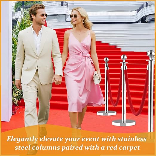 8Pcs Stainless Steel Stanchion Posts with 5ft Red Velvet Ropes - Crowd Control Barriers & Queue Line Kit with 26ft Red Carpet for Wedding, Party, Theater Supplies
