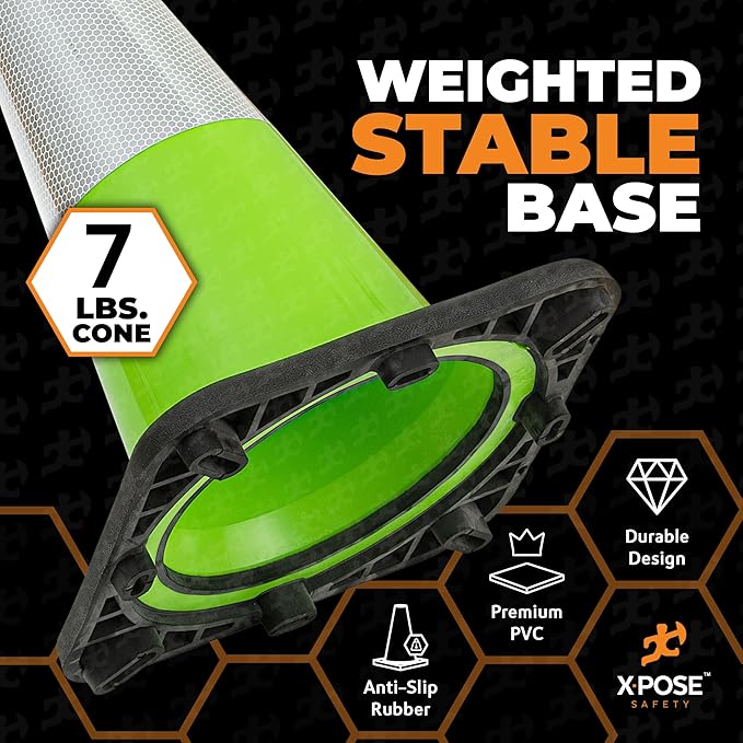Xpose Safety 28” Lime Green Traffic Cone Dual 6" & 4" Reflective Collar – 12 Pack Multipurpose Premium PVC Safety Cone for Parking, Caution, Construction, Road Crews, Emergency Vehicle - DOT Approved