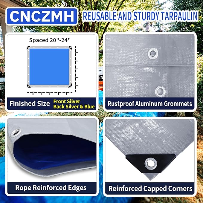Tarp Waterproof 12x30 Feet, 8 Mil Thick Finished Size Silver/Blue Poly Tarpaulin Outdoor, Metal Grommets, Reinforced Edges, Multipurpose Tarps Protective Cover for Camping Boat Plant