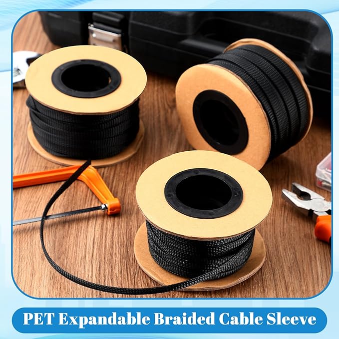 Pangda 300 Feet 1/4, 1/2, 3/8 Inches Wire Loom PET Expandable Braided Sleeving Braided Sleeve for TV, Computer, Home Theater(Black)