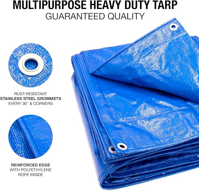 10x18 Blue Waterproof Tarp – Heavy Duty 5 MIL Thick Outdoor Tarpaulin Cover - Multi Purpose Protection for Camping, Tent, Roof, Patio, Pool, Floor, Furniture, Boat, Truck Beds, Pack of 2