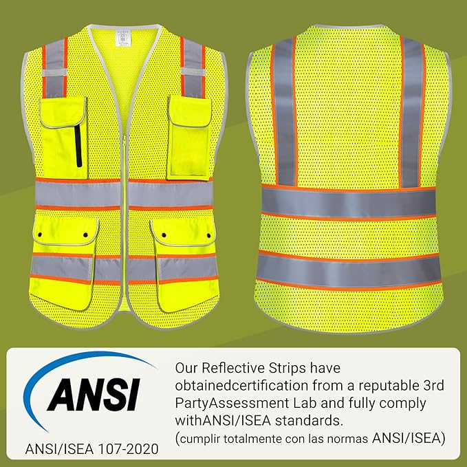 Reflective Safety Vest for Men Women with 8 Pockets and Zipper Front High Visibility Mesh Construction Vest