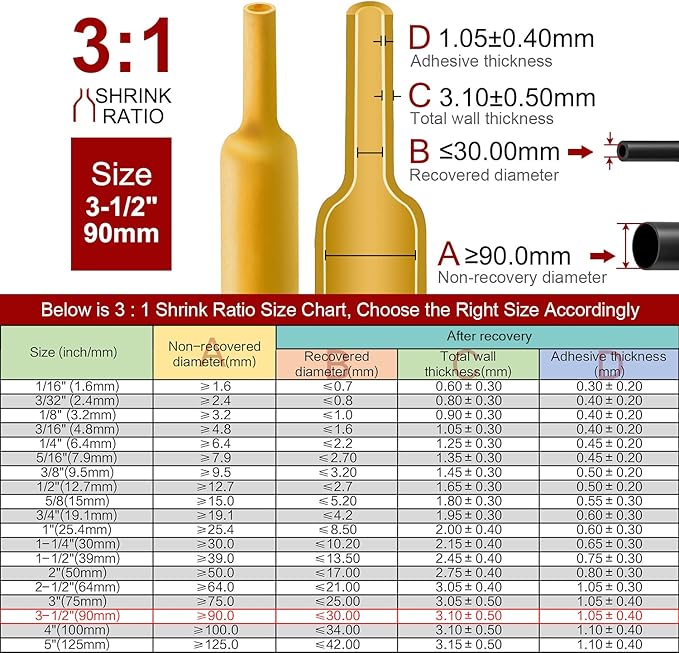 Chanzon 3:1 Ratio 3-1/2" (90mm) Heat Shrink Tubing - Marine Grade Waterproof Adhesive Lined - 4Ft Roll (1.22M Total Length) Yellow Polyolefin Sleeving Wrap Shrinking 3 to 1 Ratio 1pcs