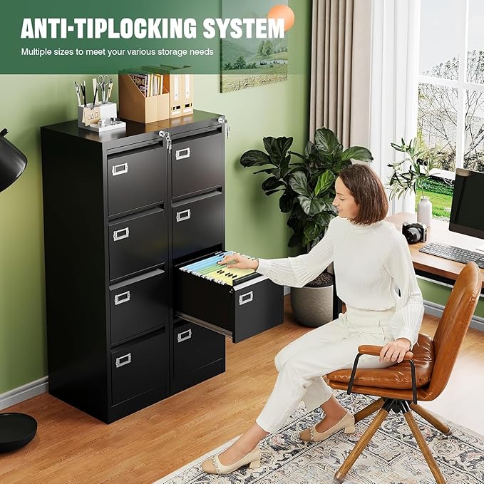 Letaya 4 Drawer File Cabinet with Lock,Metal Office Vertical Filing Cabinets for Home Office- Storage A4/F4/Letter/Legal -Assembly Required (Black)