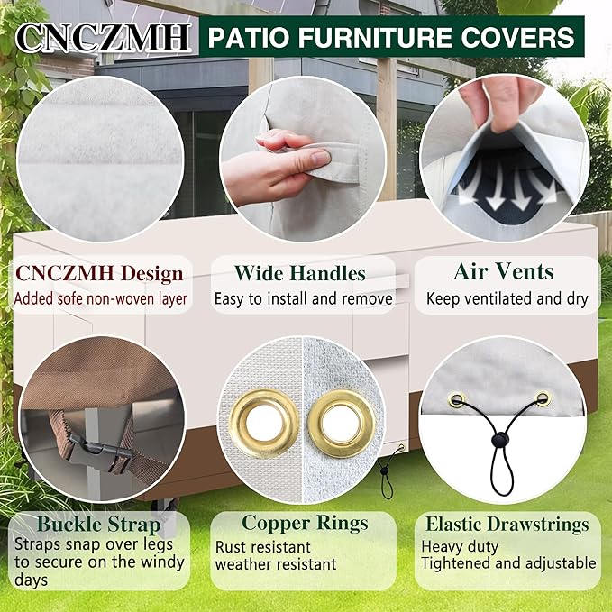 Heavy Duty Patio Furniture Covers Waterproof, 600D Outdoor Furniture Cover Waterproof for Sectional Sofa Couch, Outdoor Dining Table and Chair Set Covers 90''L x 64''W x 28''H, Beige Brown