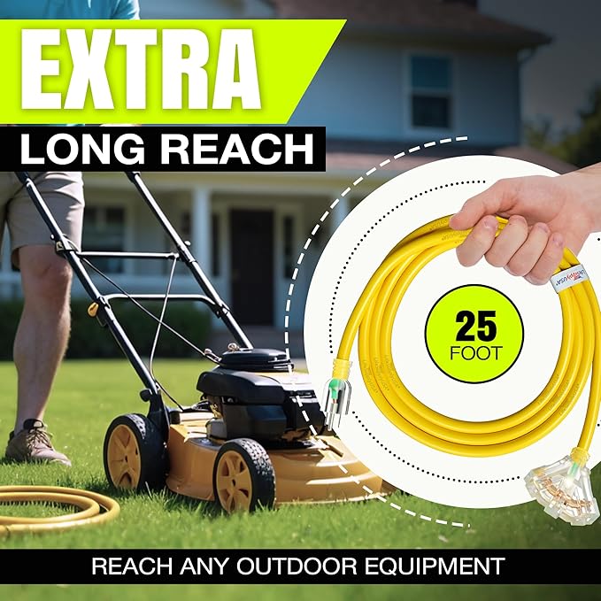 25ft Outdoor/Indoor Extension Cord 3-Outlet 12/3 Gauge Extra Heavy Duty 3 Prong SJTW, Waterproof, Flexible Cold-Resistant Long Power Cord,15A 125V 1875W, Yellow by LifeSupplyUSA